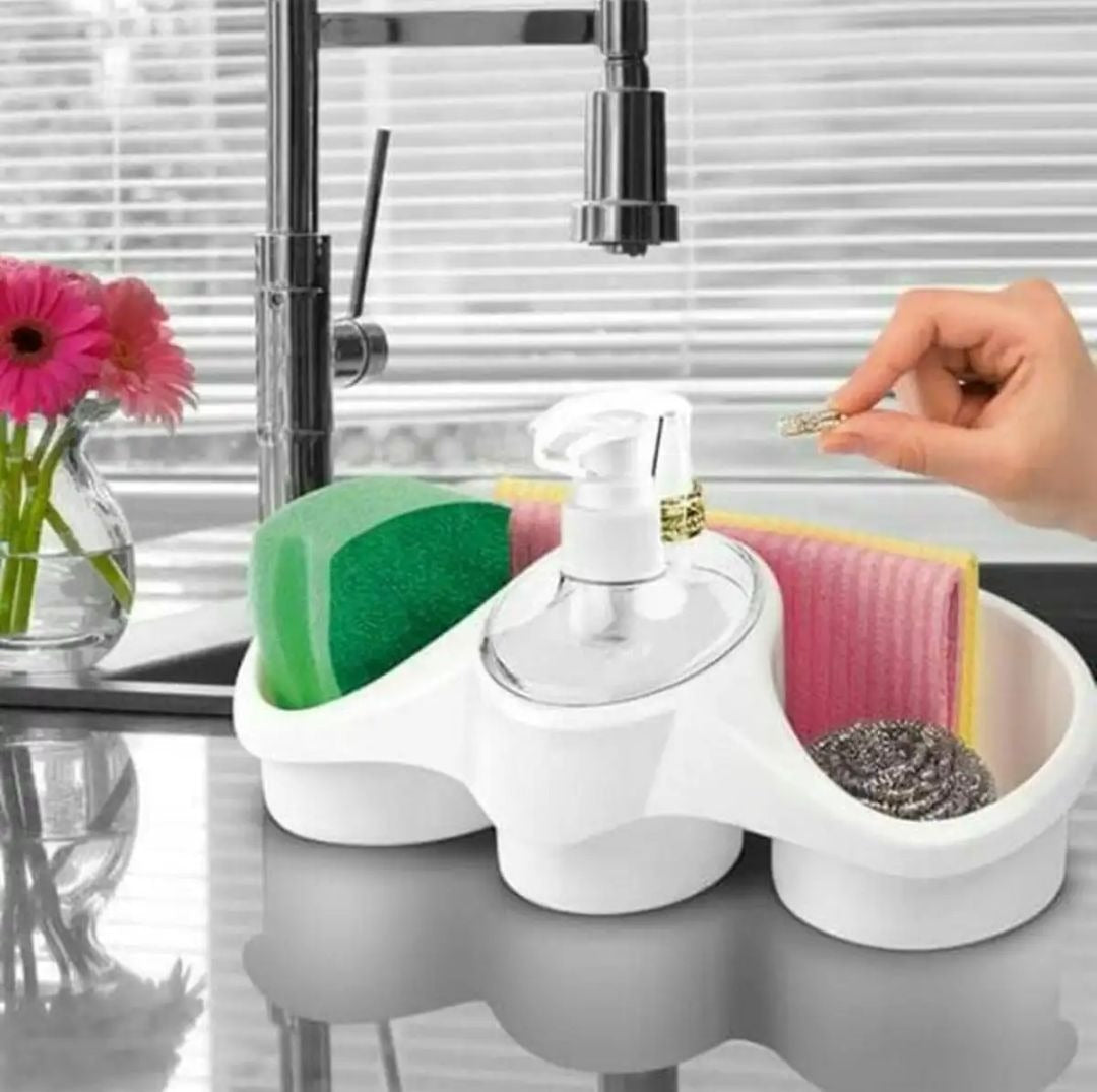 Elevate your kitchen with our 3-in-1 Soap Dispenser and Sponge Holder Kit.